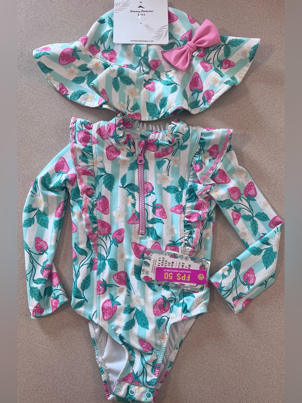 Tommy Bahama Strawberry Print Swimsuit & Hat NWT Size 18-24 months